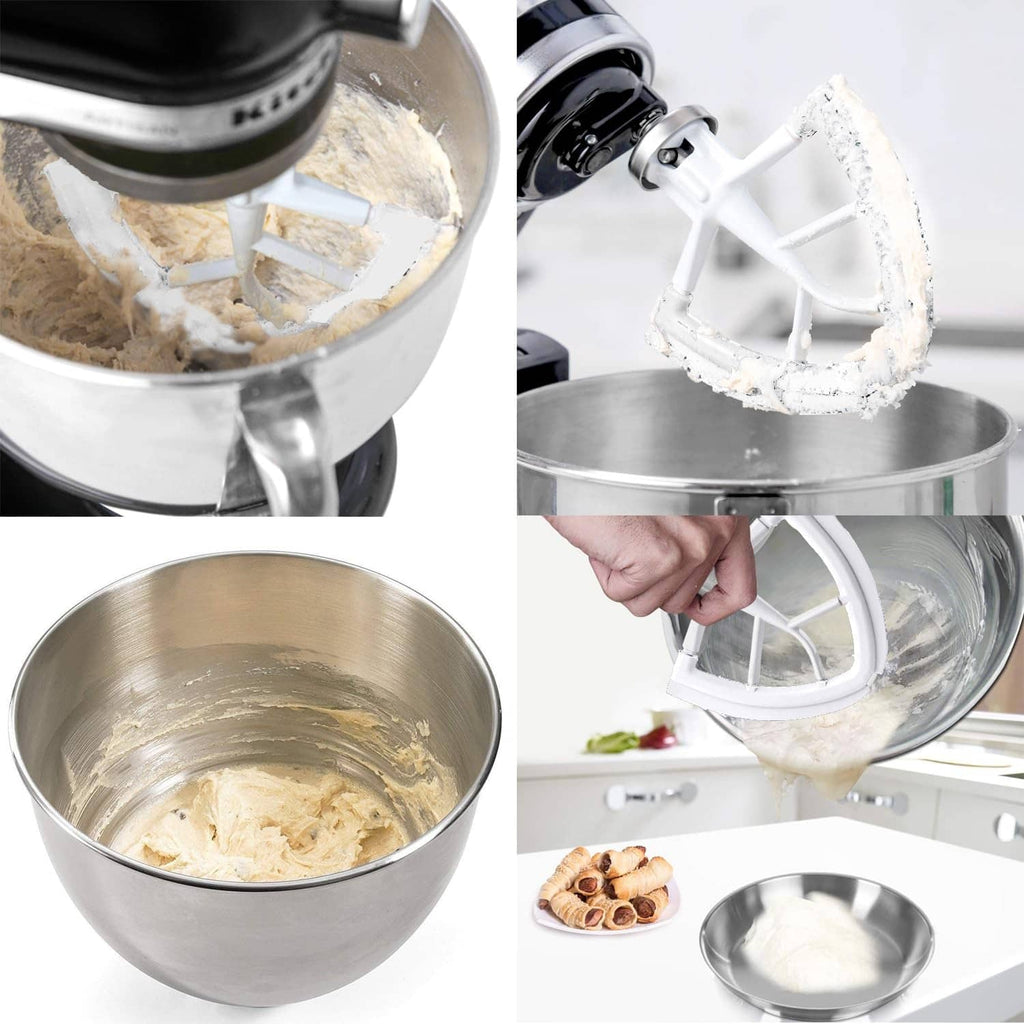 White flexible edge beater attachment mixing thick dough in a metal bowl