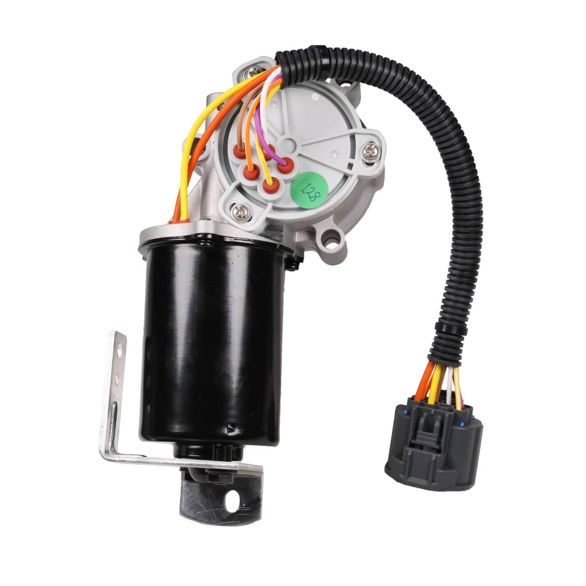 Transfer case shift motor with colorful wire leads and multi-pin connector