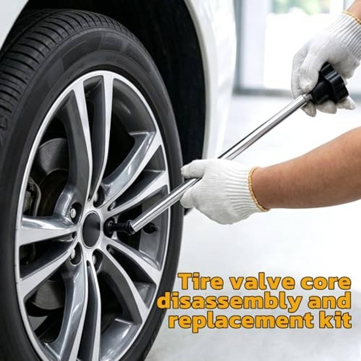 Tire valve core removal tool on a wheel valve stem with white glove