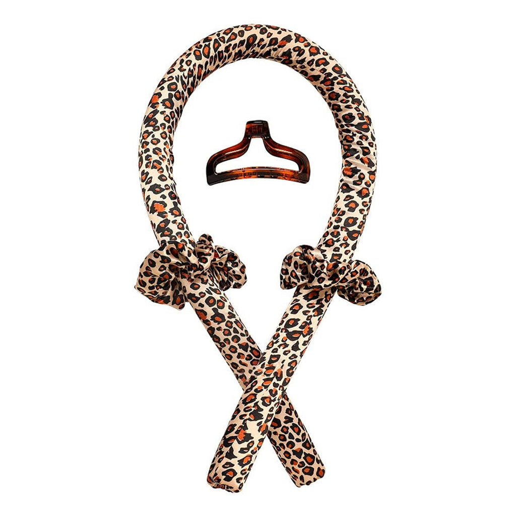 Leopard-pattern heatless curling rod headband with tied ribbons and hair clip center