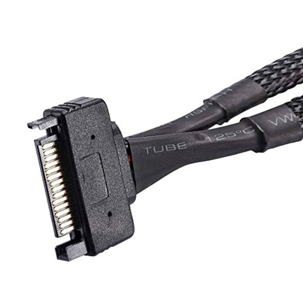 SATA power connector end with metal pins and textured black housing on braided cable