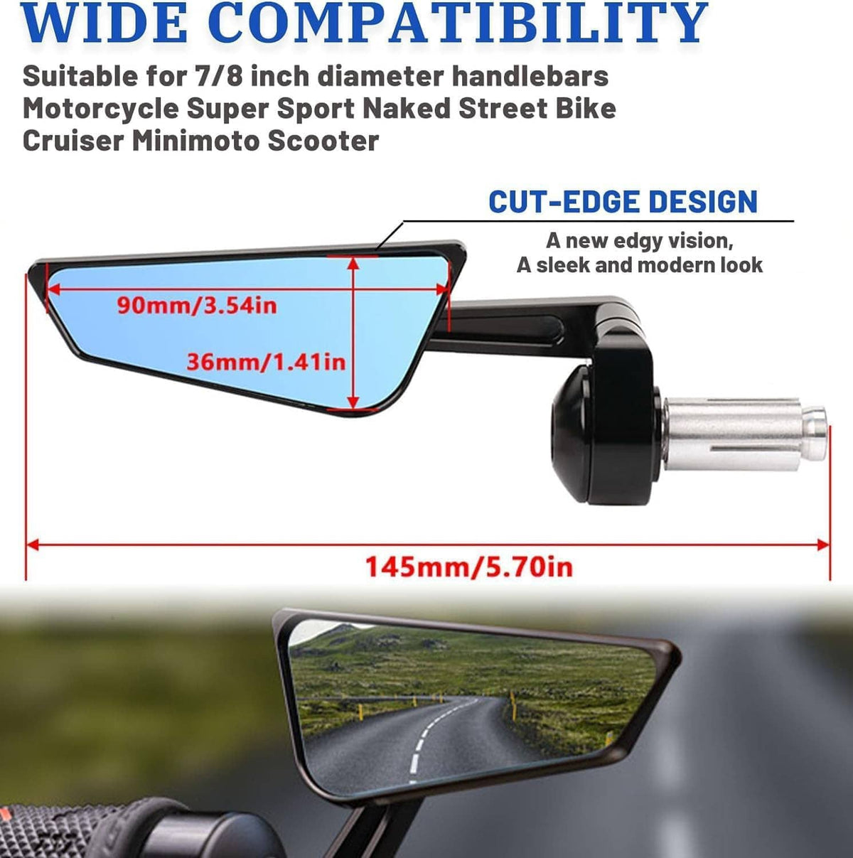 Motorcycle bar-end mirror with blue lens, cut-edge design and size dimension layout