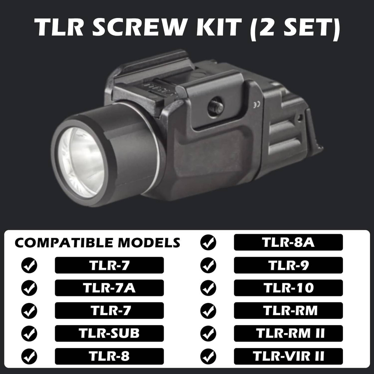 Black screw kit shown with tactical light body, compatible replacement set