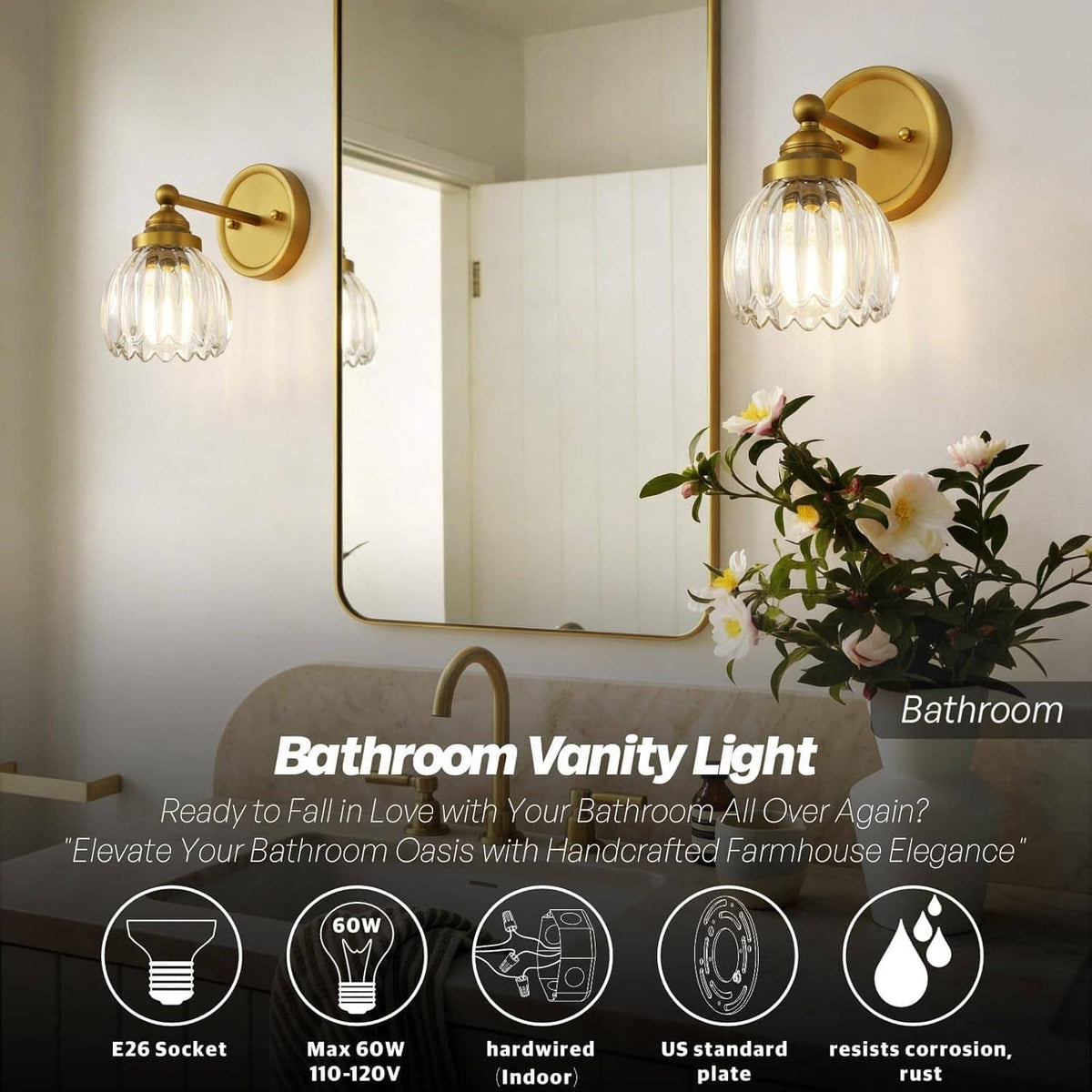 Bathroom vanity wall sconce with clear tulip glass shade and antique brass backplate