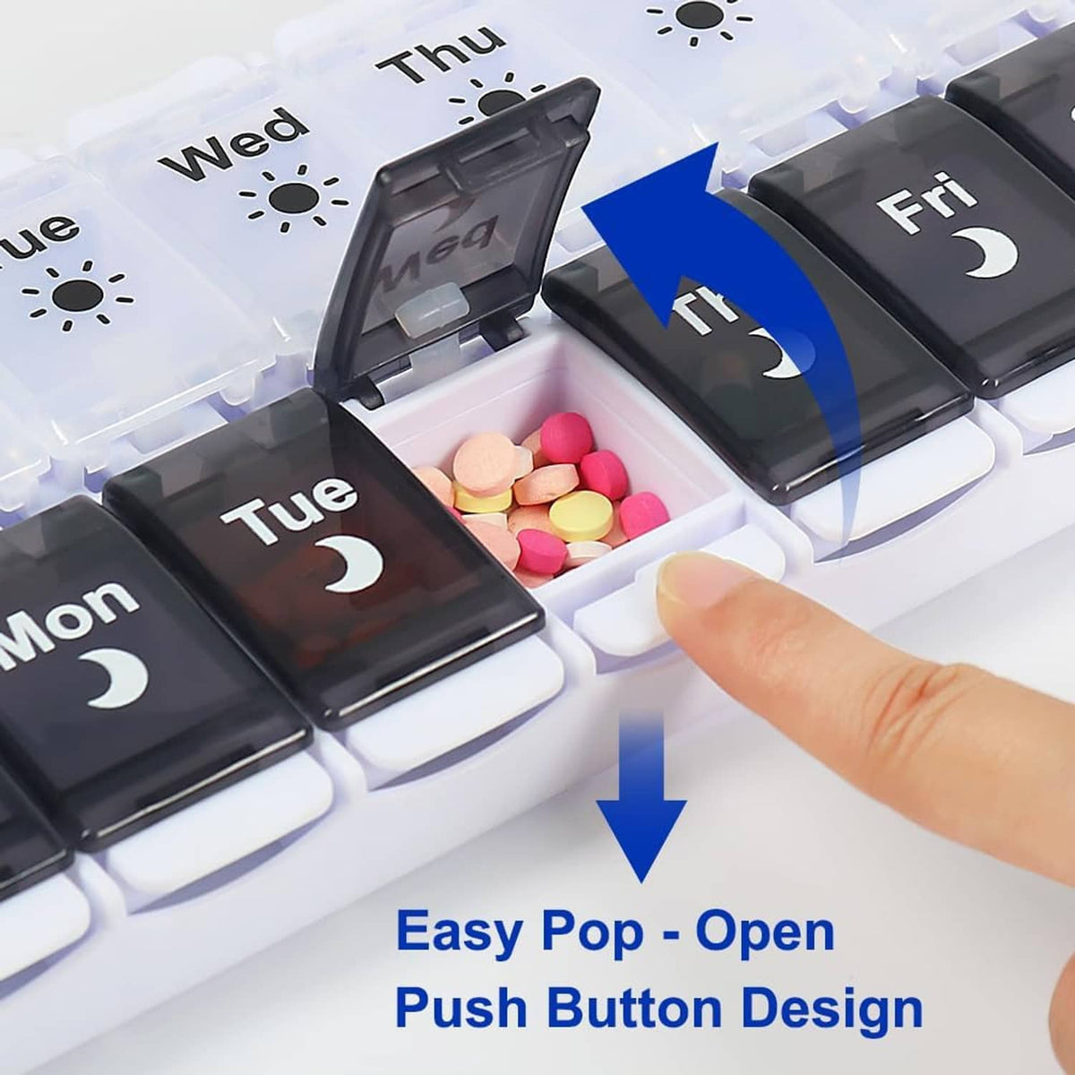 Weekly pill organizer close-up with push-button pop-open lids and colorful pills inside