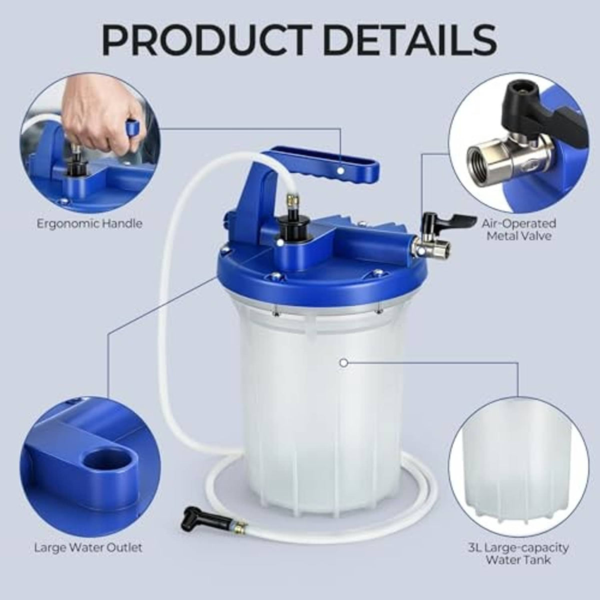 Vacuum brake bleeder pump with blue handle, metal valve, and large clear water tank