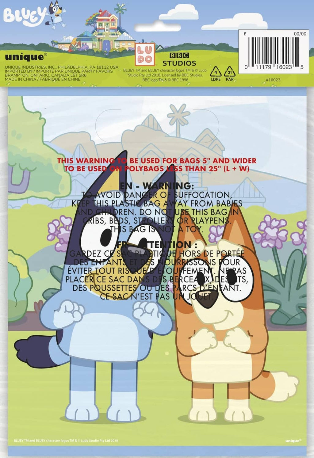 Bluey loot bag package back with warnings, barcode, and size info