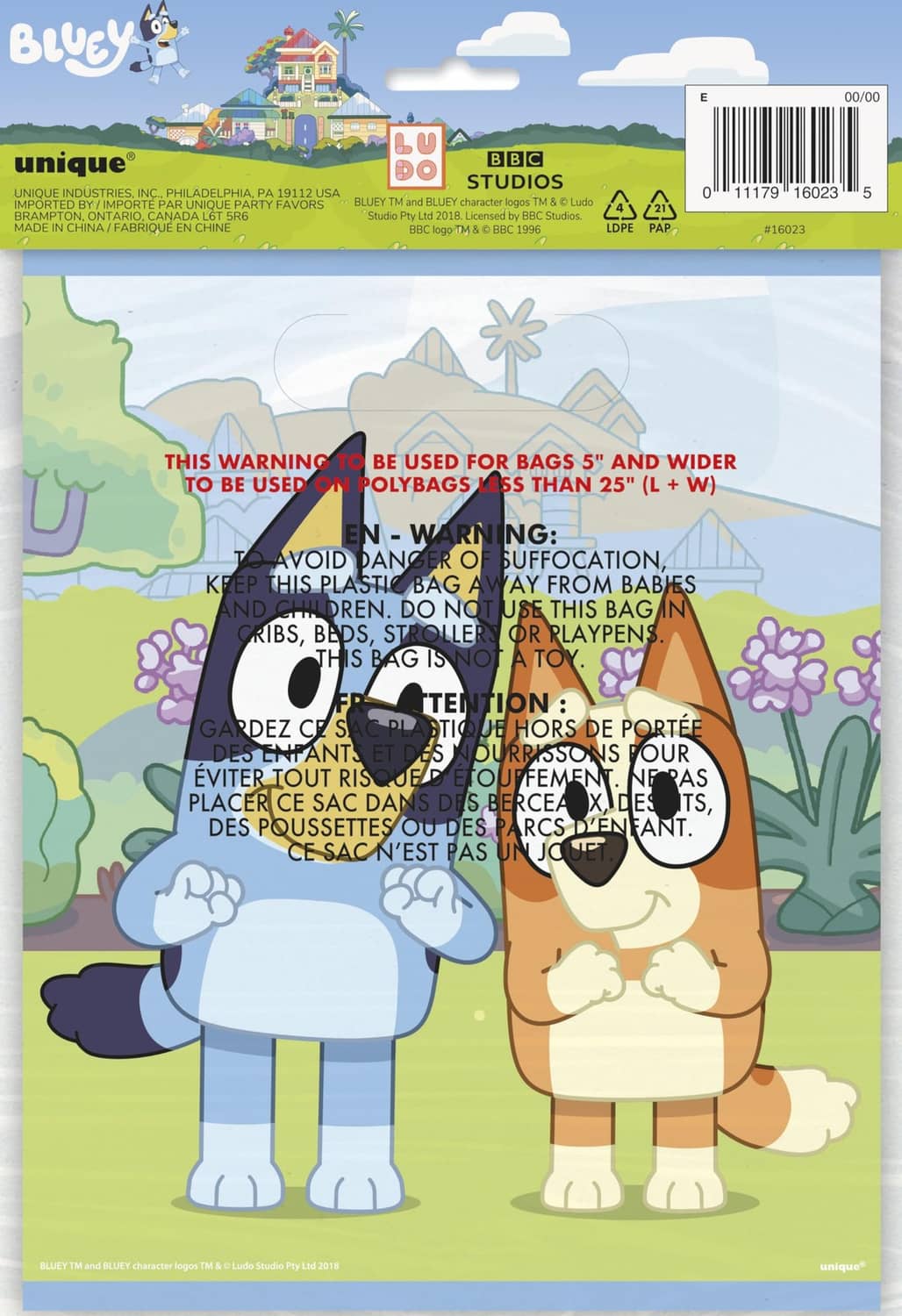 Bluey loot bag package back with warnings, barcode, and size info