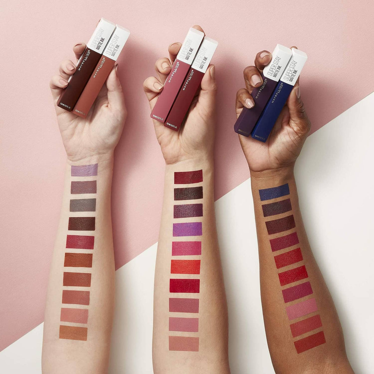 Three matte liquid lipsticks with color swatches on skin