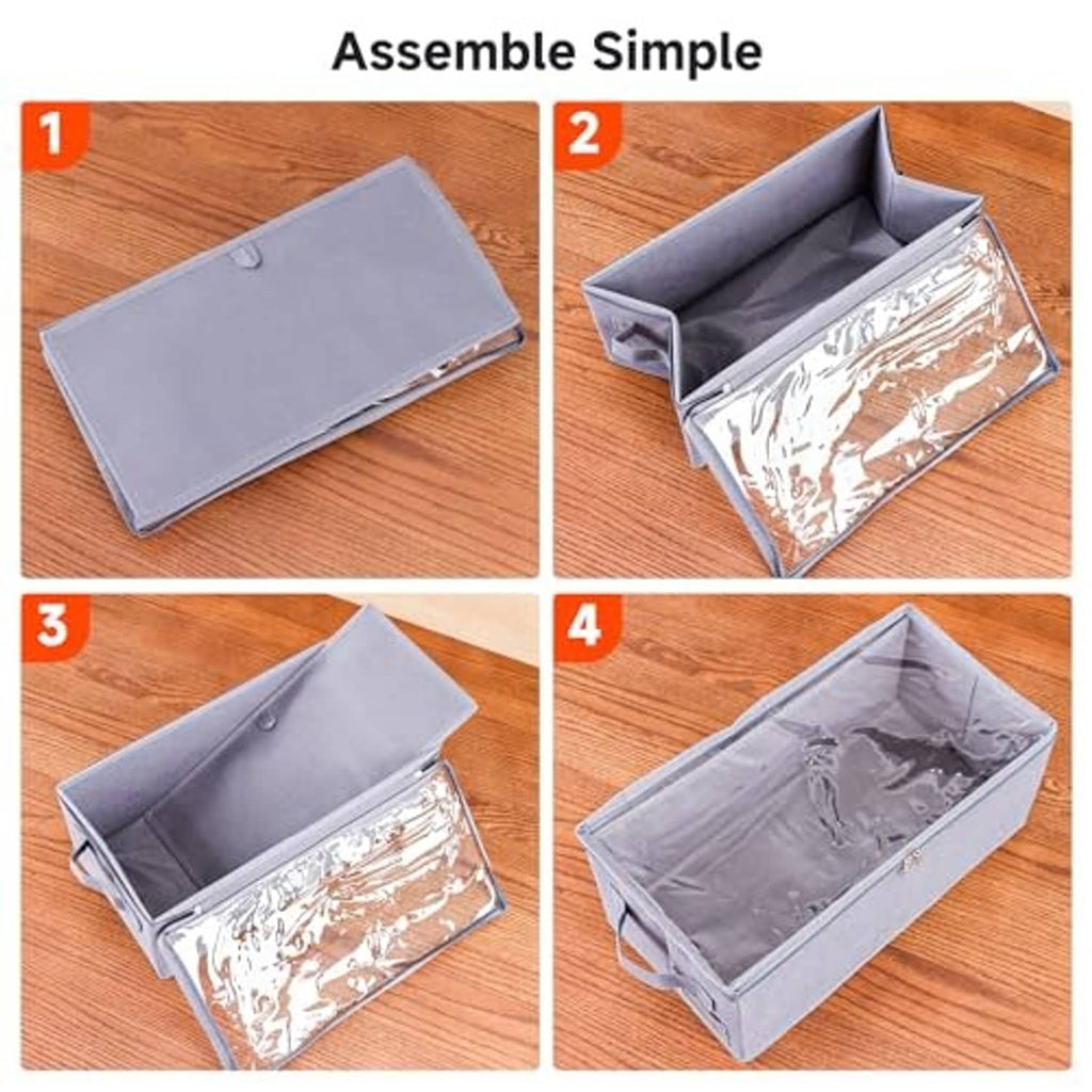 Gray fabric DVD storage box assembly view with open tray and clear inner lining