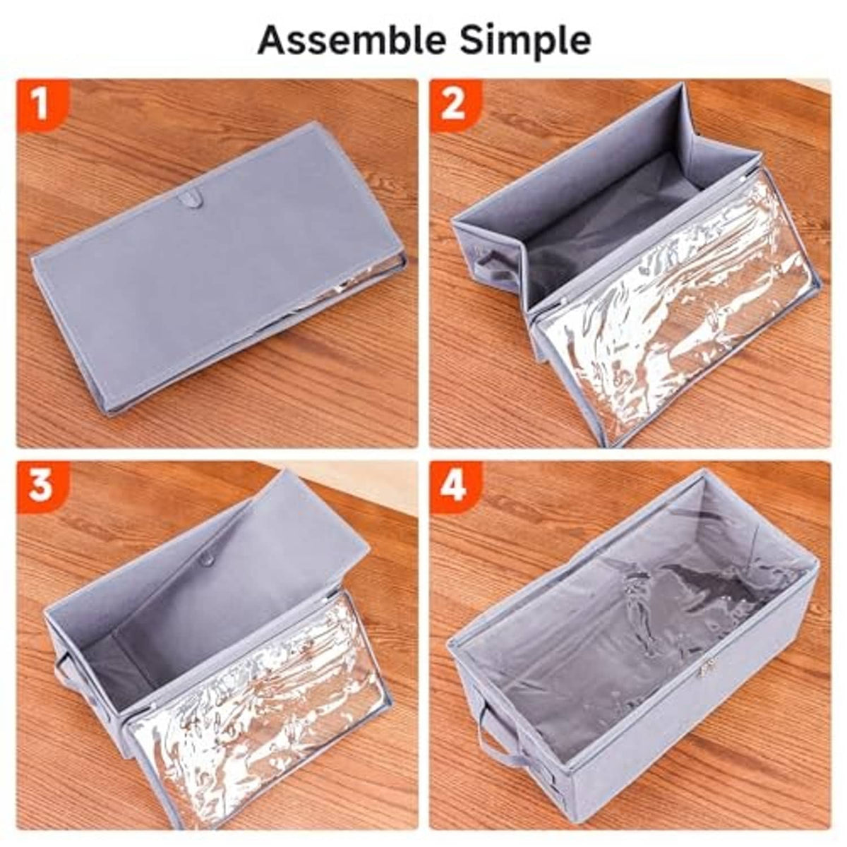 Gray fabric DVD storage box assembly view with open tray and clear inner lining