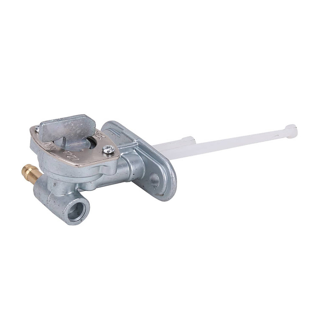 Fuel tank petcock valve with lever cover, metal housing, and white outlet tube