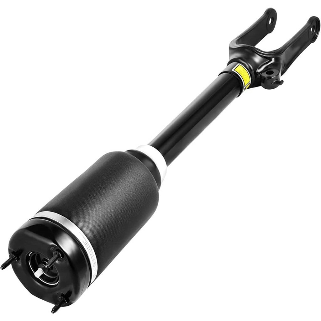 Side view of air suspension shock strut, black body with white ring and fork mount