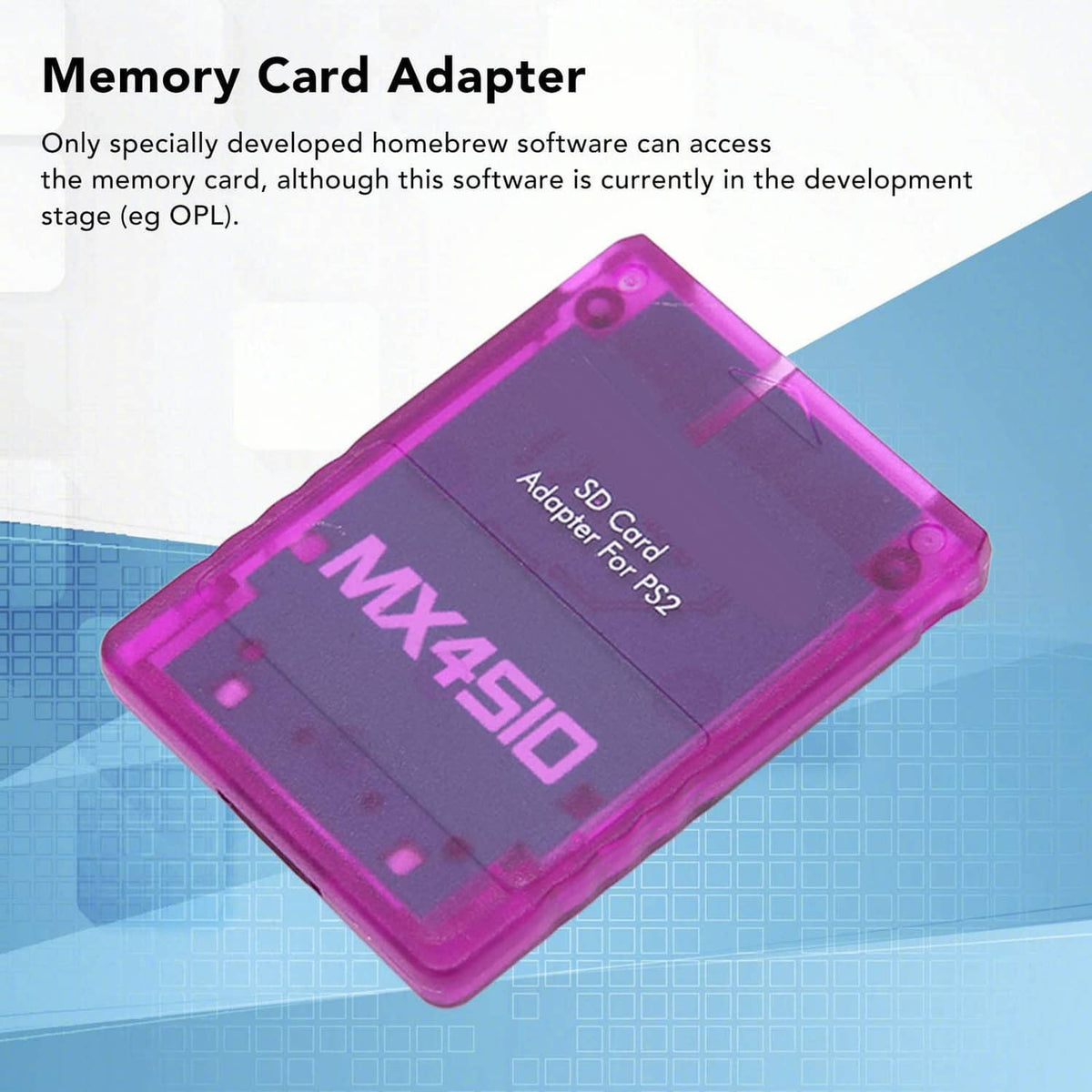 Purple translucent SD card adapter for PS2, diagonal view with MX4SIO logo centered.