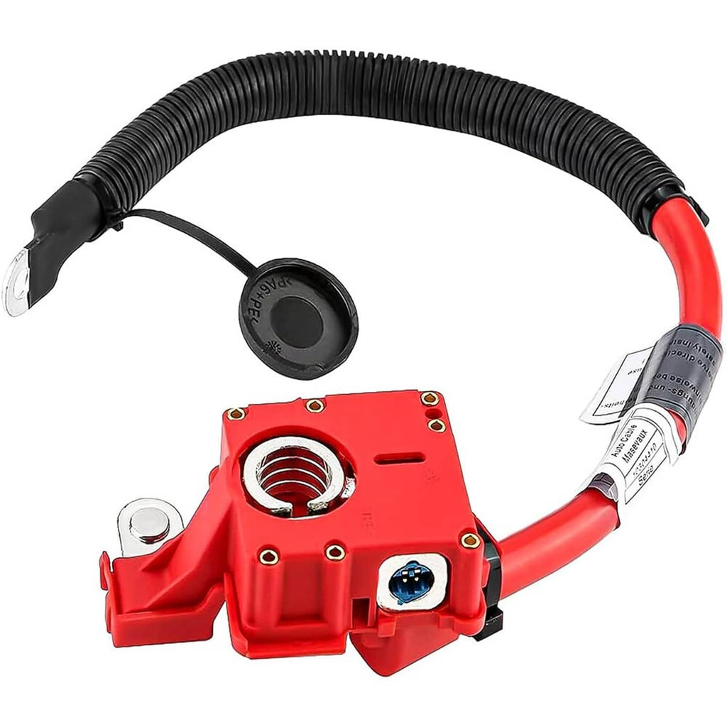 Red positive battery cable with black ribbed conduit and ring terminal end