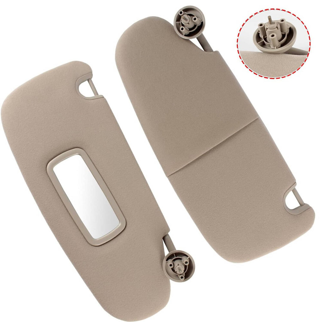 Beige sun visors with hinge/connector mounting details and inset close-up