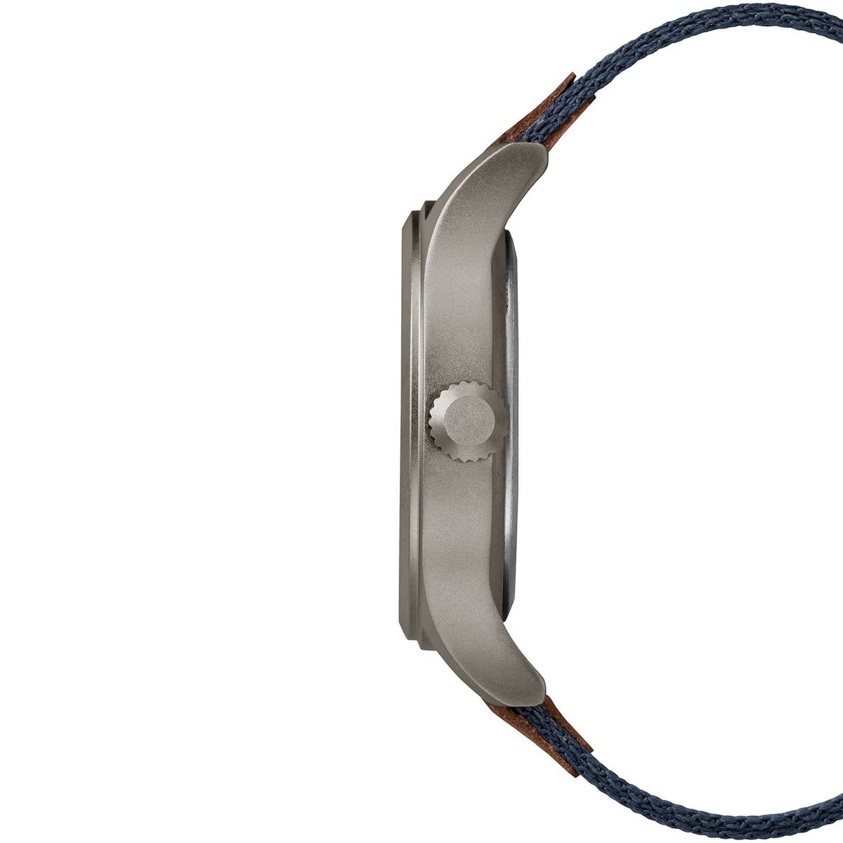 Gray wristwatch case side profile with crown and blue woven fabric strap