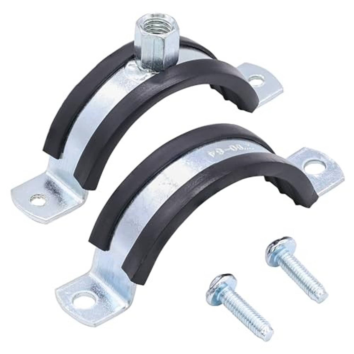 Black rubber pipe hanger clamps with galvanized brackets and hex-head mounting bolts