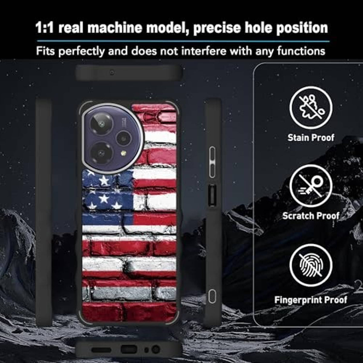 Protective phone case with American flag brick print and side button cutouts