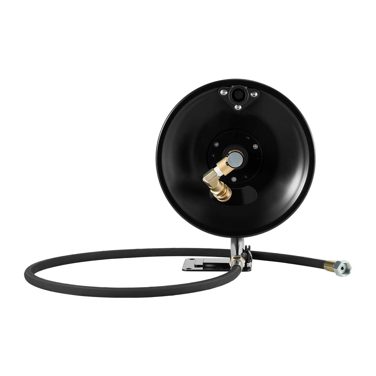 Black pressure washer hose reel with front hub, brass fitting, and hose end connector