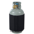 Insulated gas cylinder warmer with black wrap and gray propane tank collar