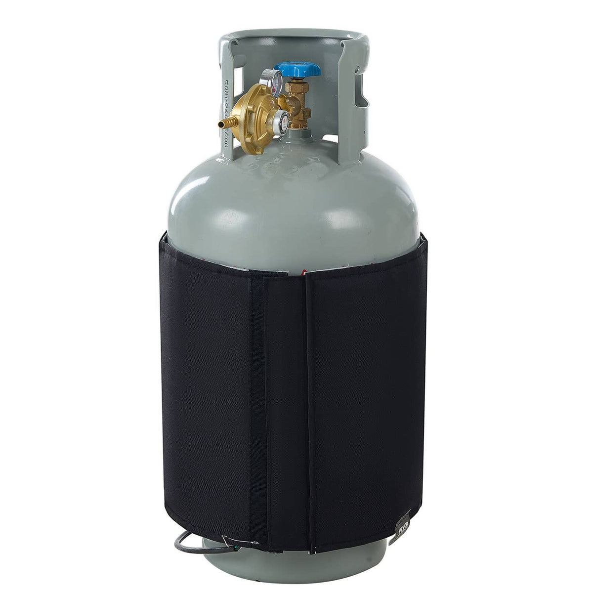 Insulated gas cylinder warmer with black wrap and gray propane tank collar