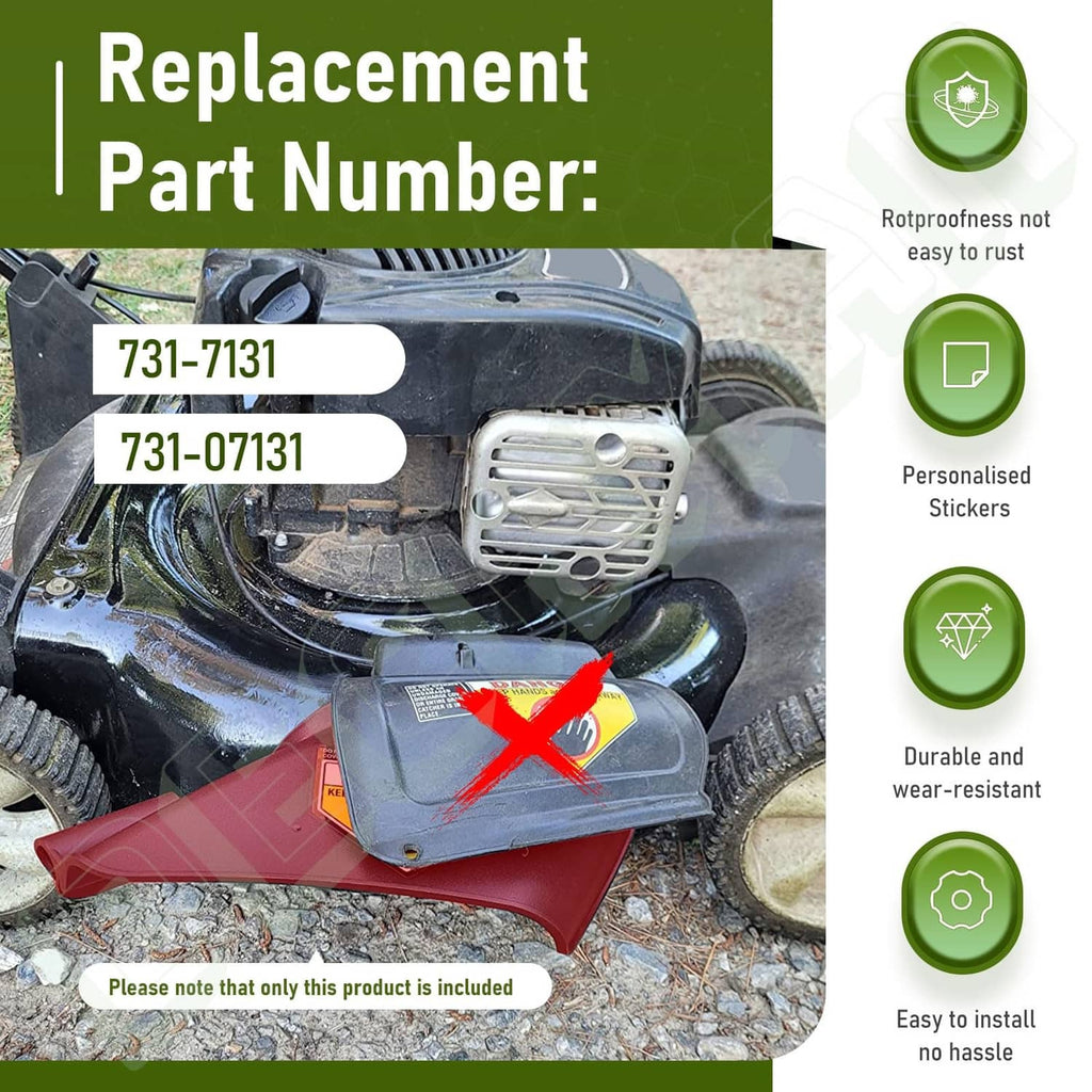 Lawn mower side discharge chute with warning label shown in close-up