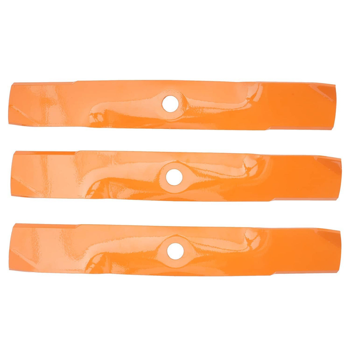 Three orange mower blades laid side by side with circular mounting holes