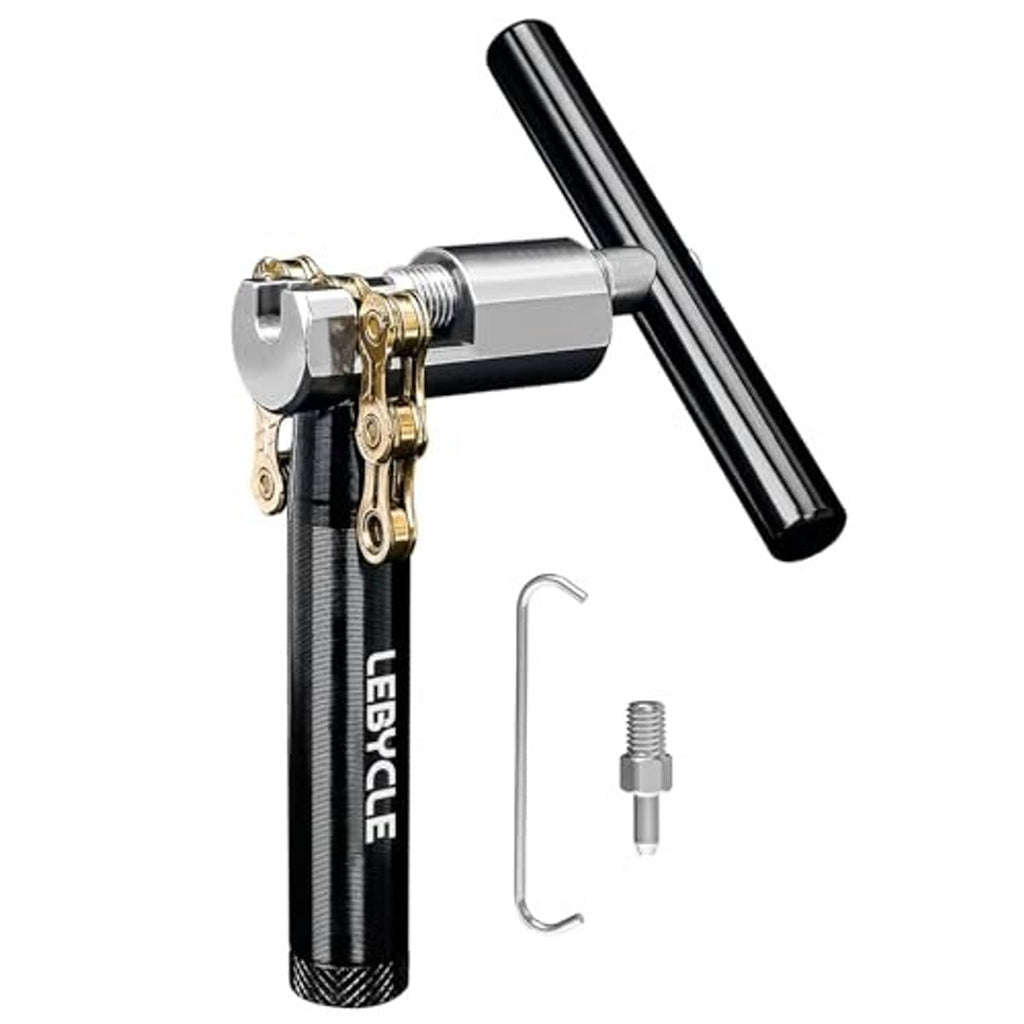 Bike chain breaker tool with black handle, silver body, and included hex key