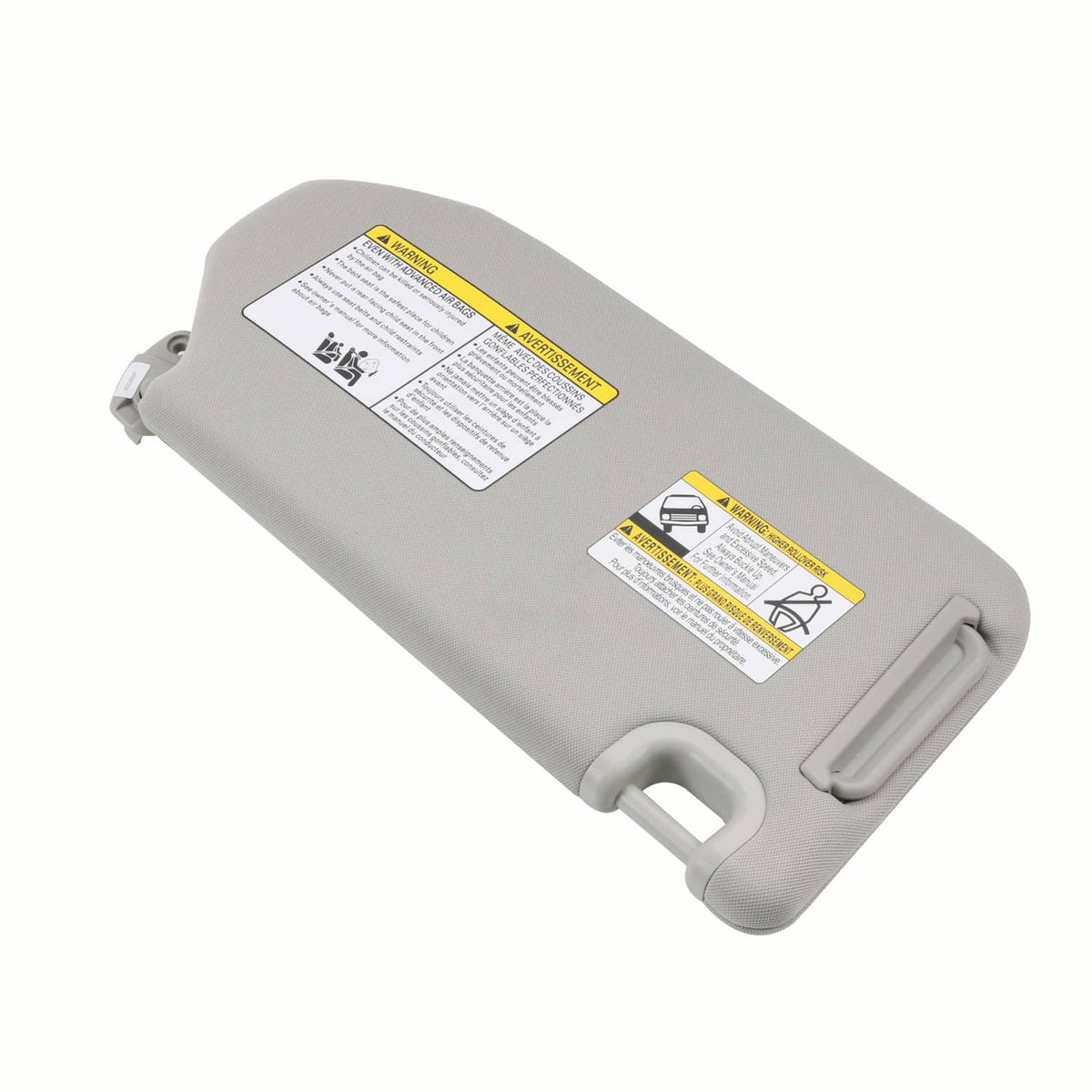 Light gray left driver sun visor with safety label and hinge