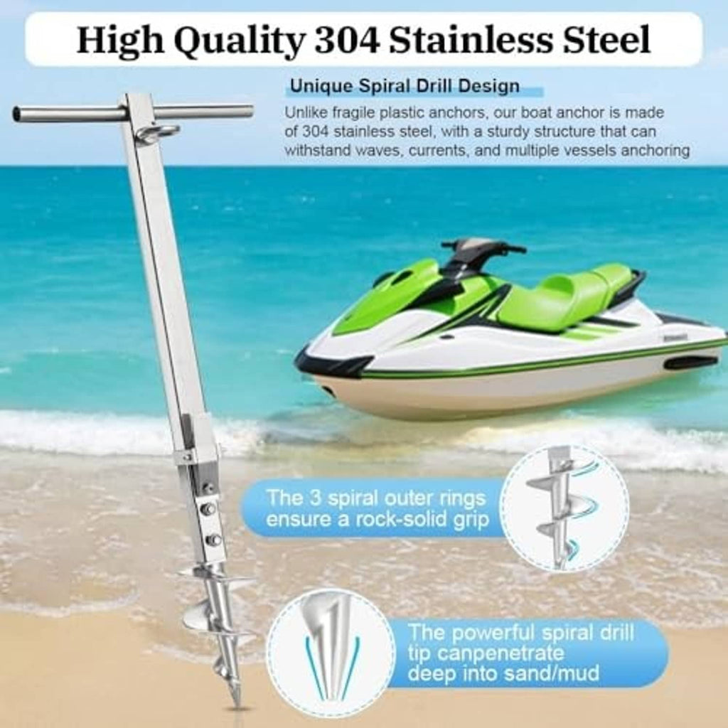 304 stainless steel drill-tip sand anchor with spiral gripping rings and cross bar