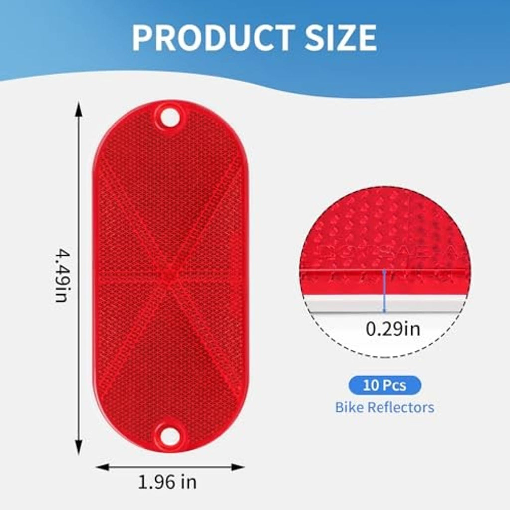 Red oval bike reflector size diagram with two visible screw holes.