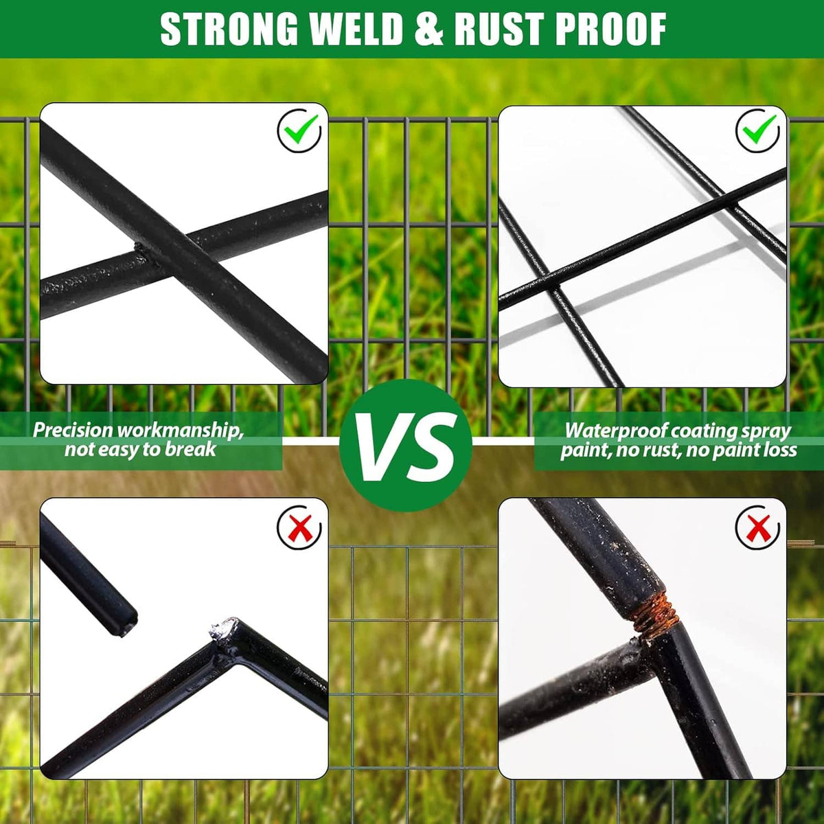 Black metal fence panel with welded wire crossings for animal barrier protection