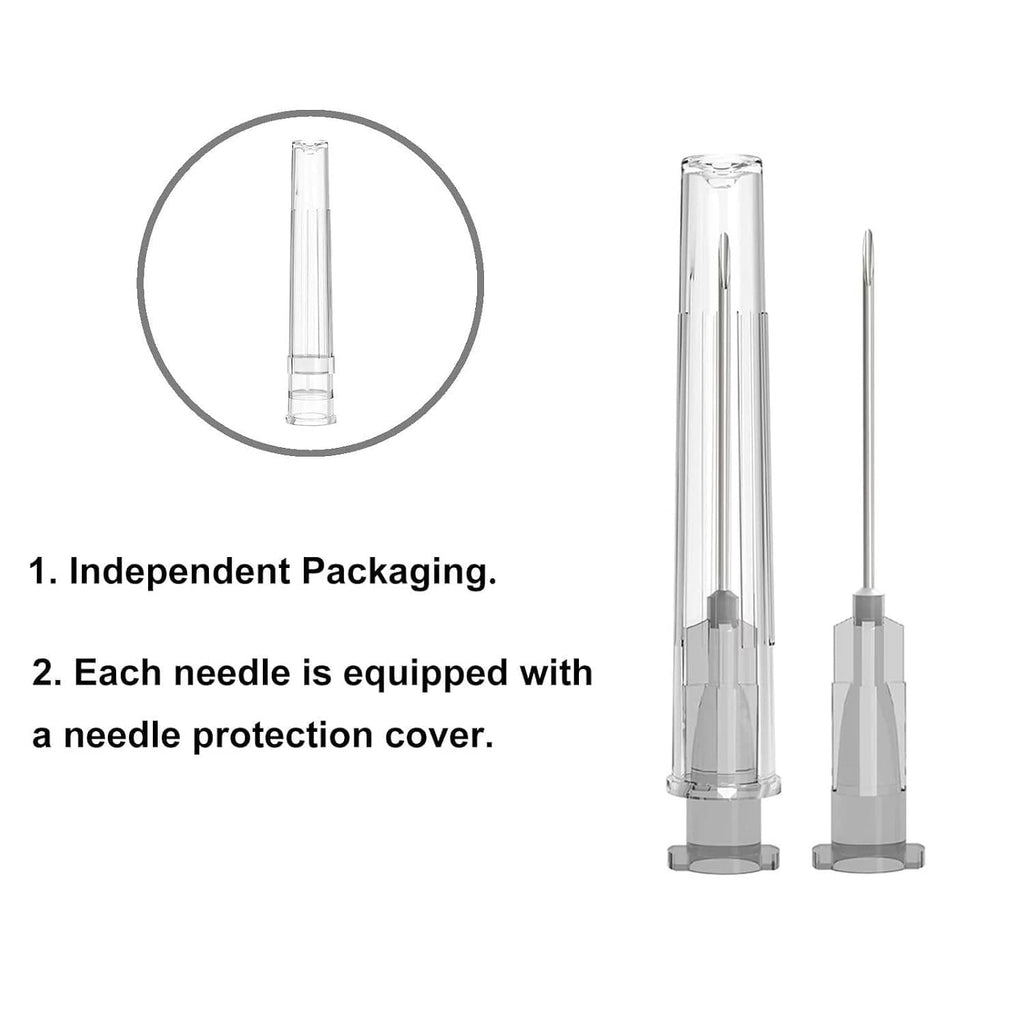 Disposable luer lock needles with individually protected tips, shown with needle covers