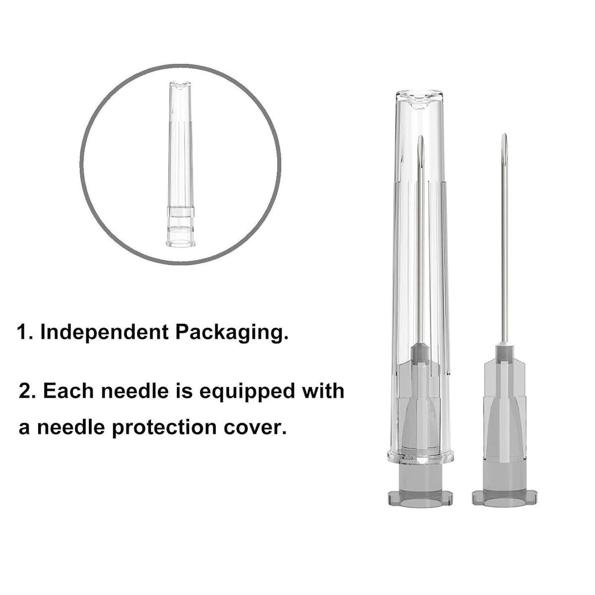 Disposable luer lock needles with individually protected tips, shown with needle covers