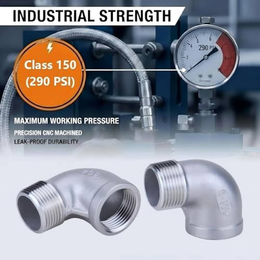 Two stainless steel 90° pipe elbow fittings with 1 in male and female NPT threads.