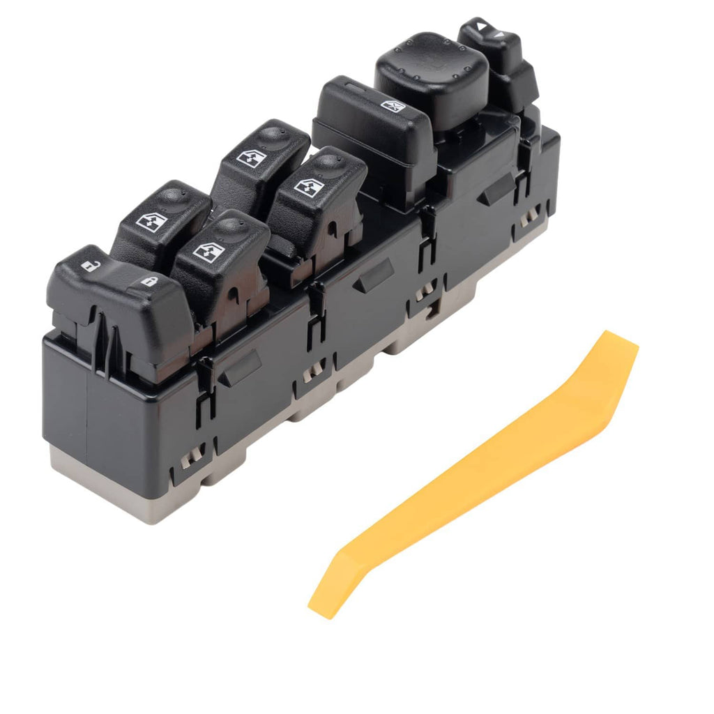 Power window switch module with multiple black rocker switches on gray base