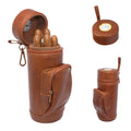 Brown leather portable cigar humidor case, zip-top with inner cedar-style lining and cigars