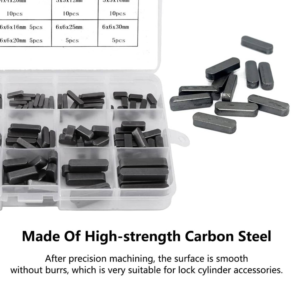 Assorted key stock pieces beside open organizer case, dark rectangular bars