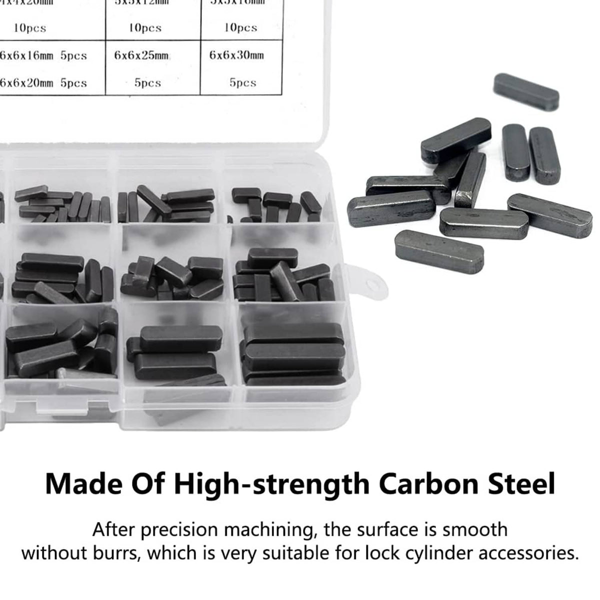 Assorted key stock pieces beside open organizer case, dark rectangular bars
