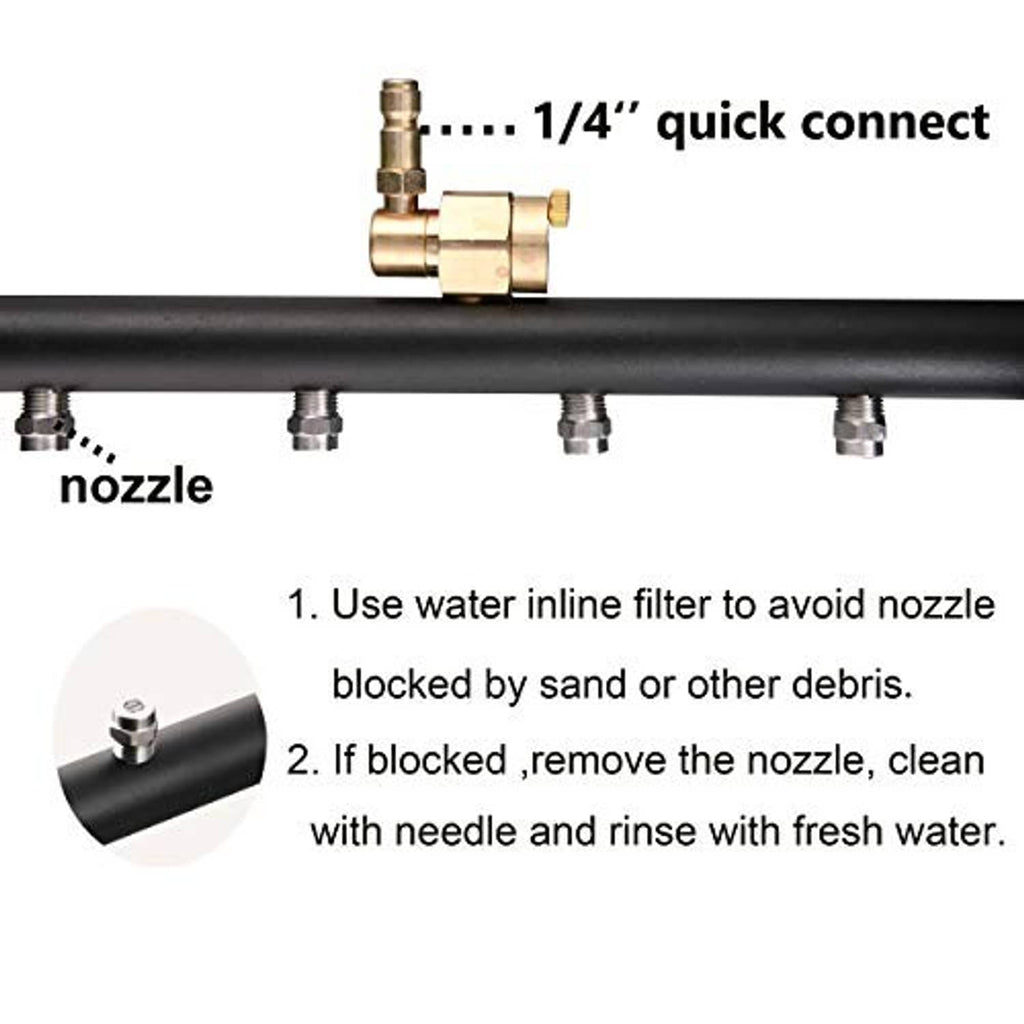 1/4-inch quick-connect fitting and spray nozzle on black wand with inline filter