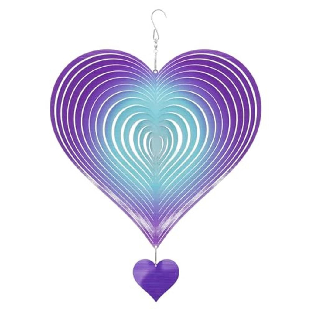 Heart wind spinner with purple-blue gradient metal rings and small heart pendant, hanging hook.
