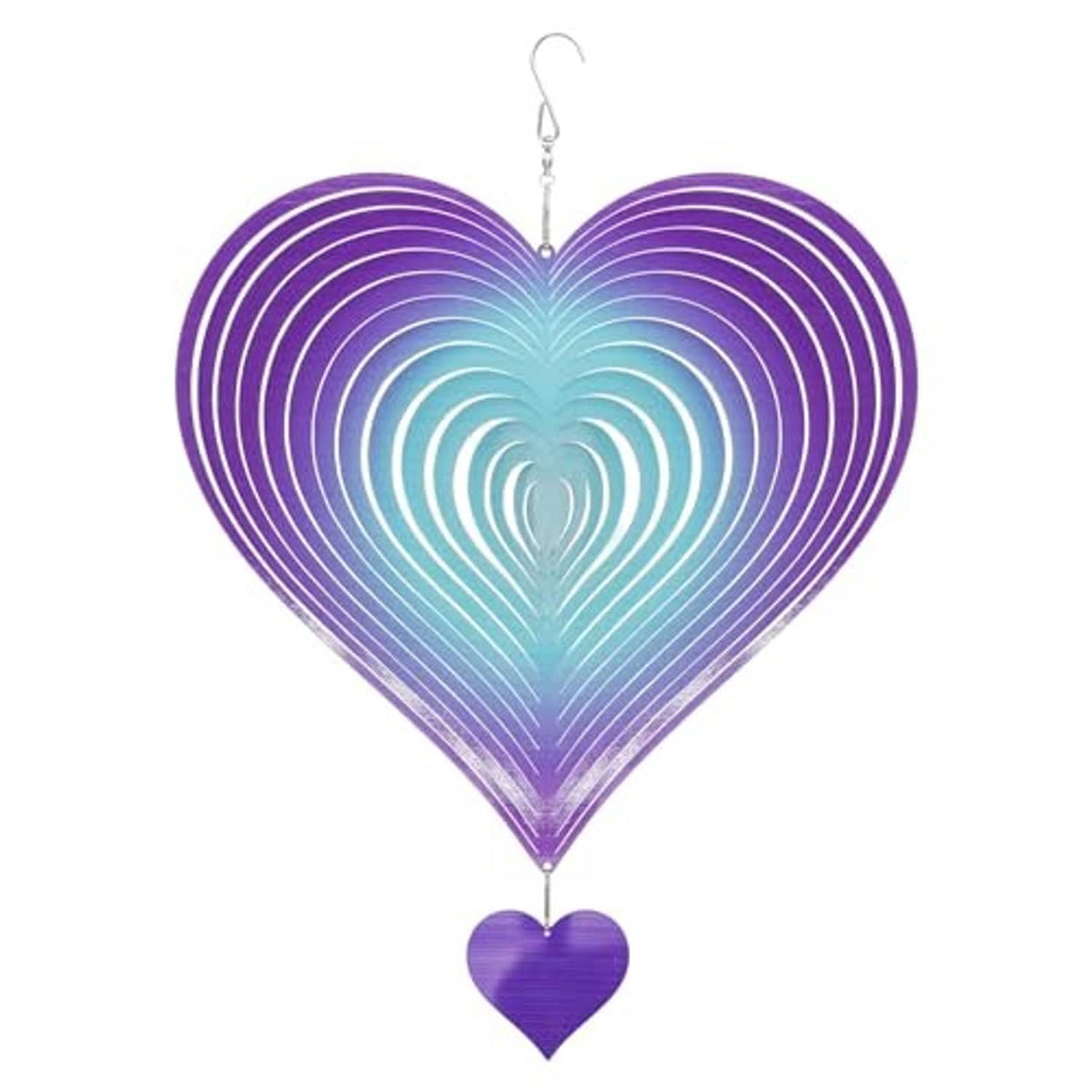 Heart wind spinner with purple-blue gradient metal rings and small heart pendant, hanging hook.