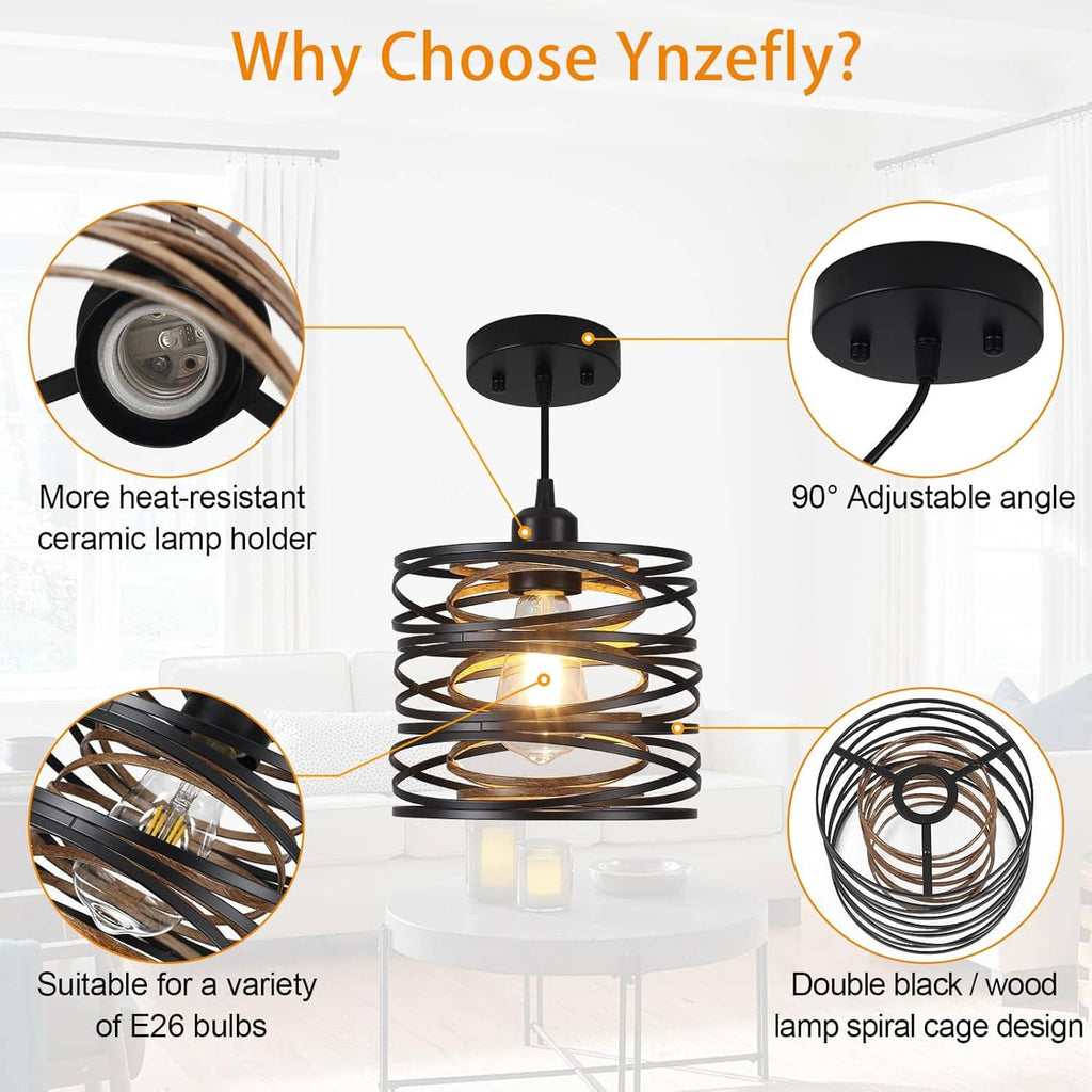 Pendant light with spiral cage, double E26 bulb compatibility, and 90° adjustable head