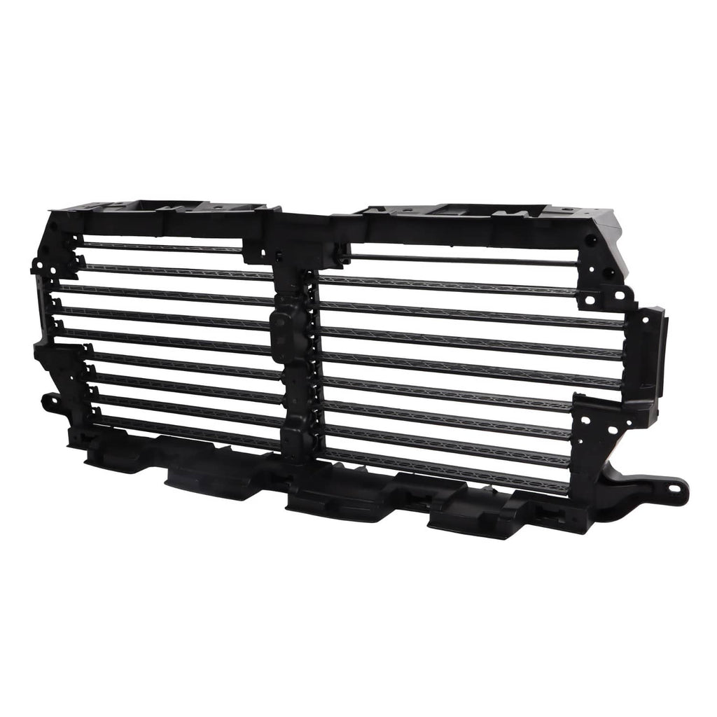 Black upper radiator grille air shutter with horizontal grille bars and raised center mount