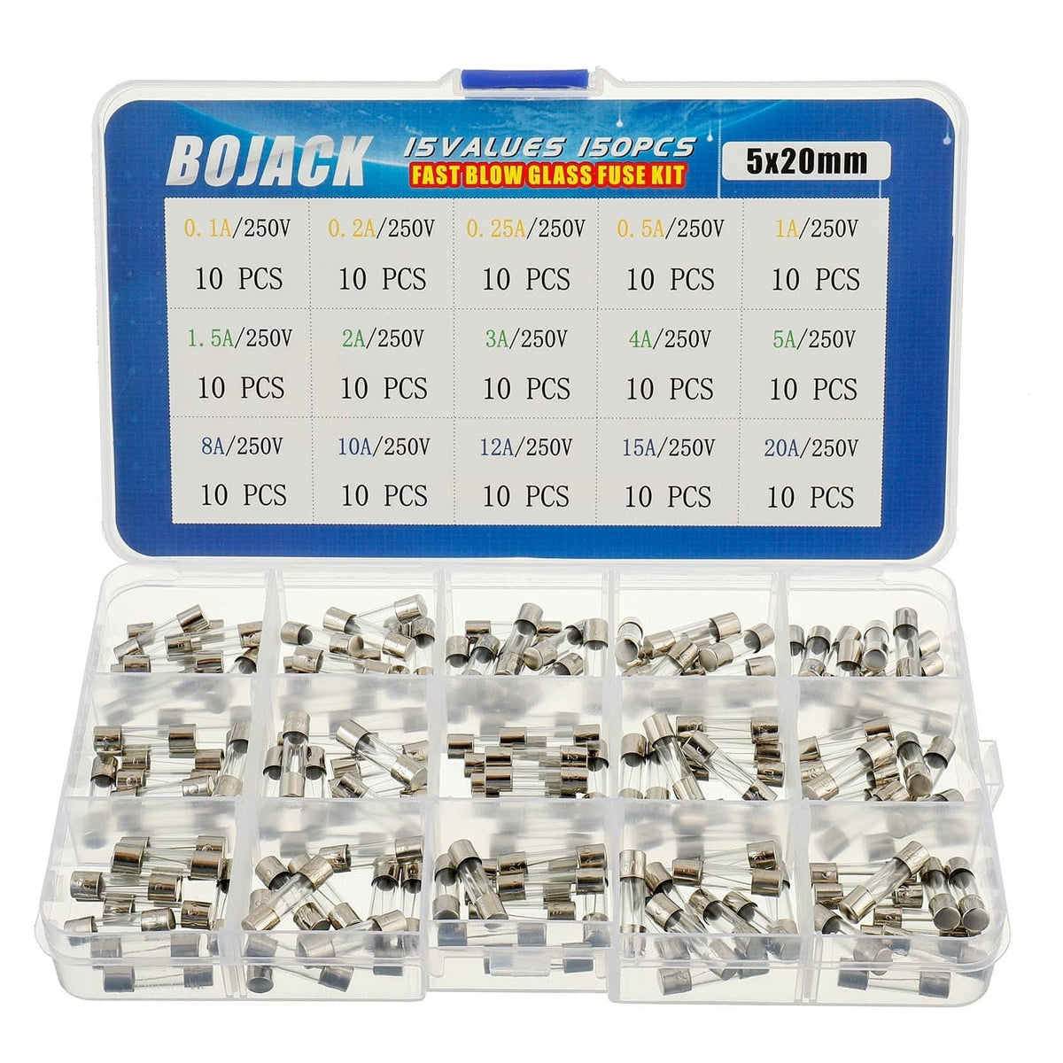 Inline screw fuse kit box with 5x20mm fast-blow glass fuses assortment
