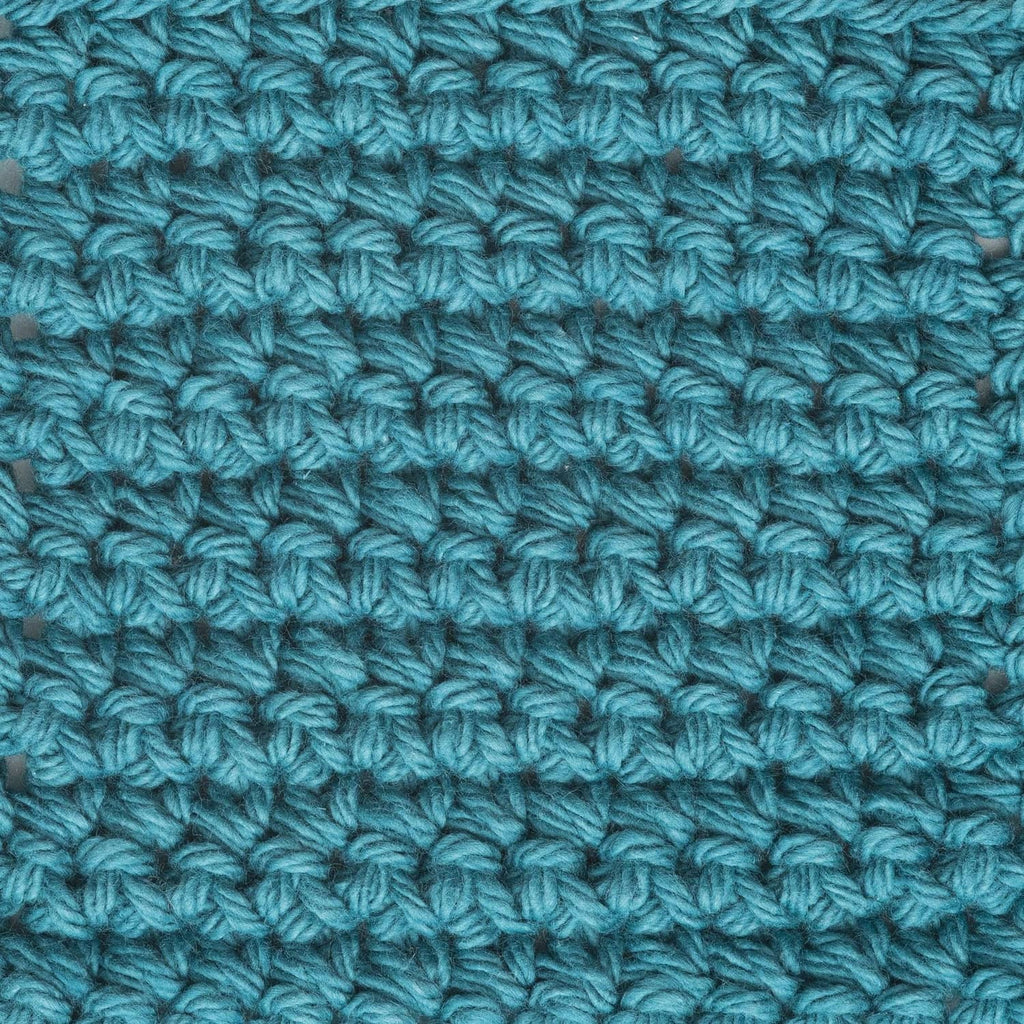 Teal-blue crocheted stitch swatch with repeating loop texture