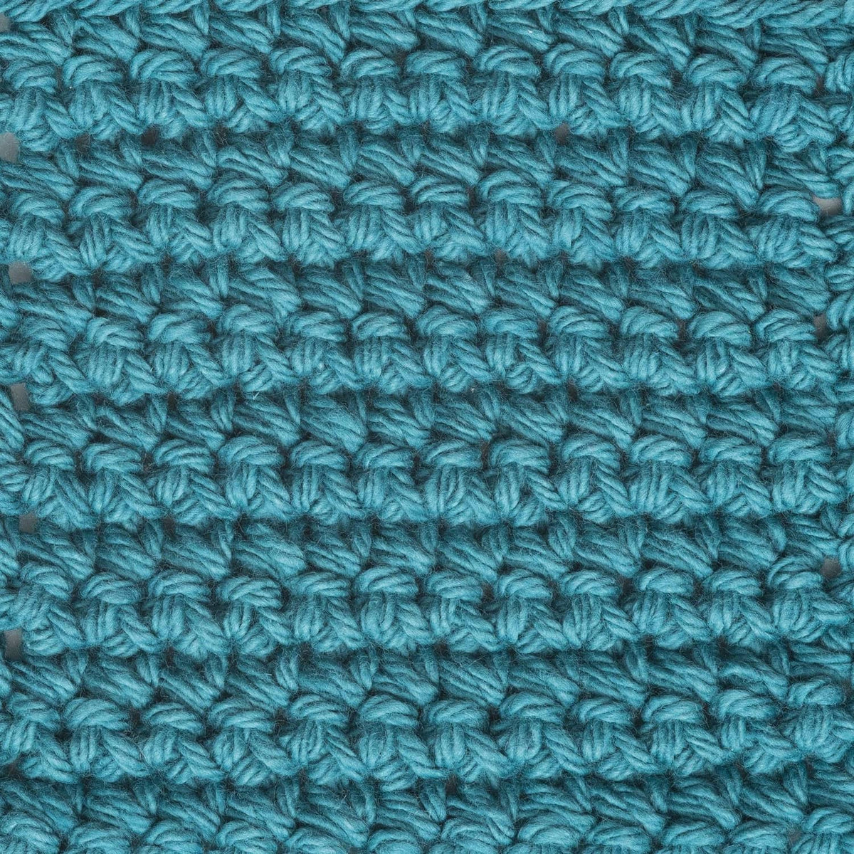 Teal-blue crocheted stitch swatch with repeating loop texture