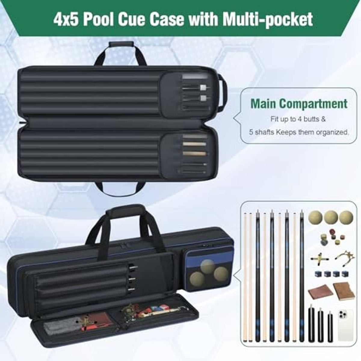 Dark 4x5 pool cue case with zipper, main compartment, and side storage pocket