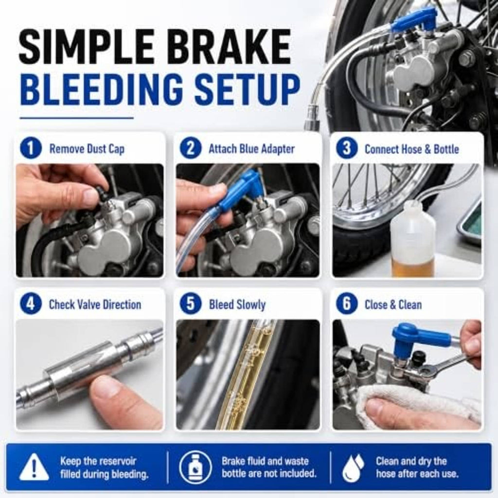 One-person brake bleeding hose with blue connector and clear line attached to brake caliper